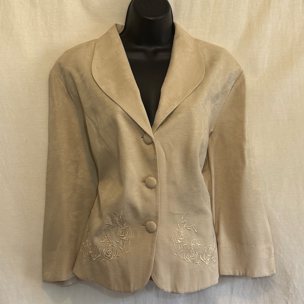 B-298 Miss Dorby Vintage Cream Embroidered 1/2‎ Sleeve Blazer Size L